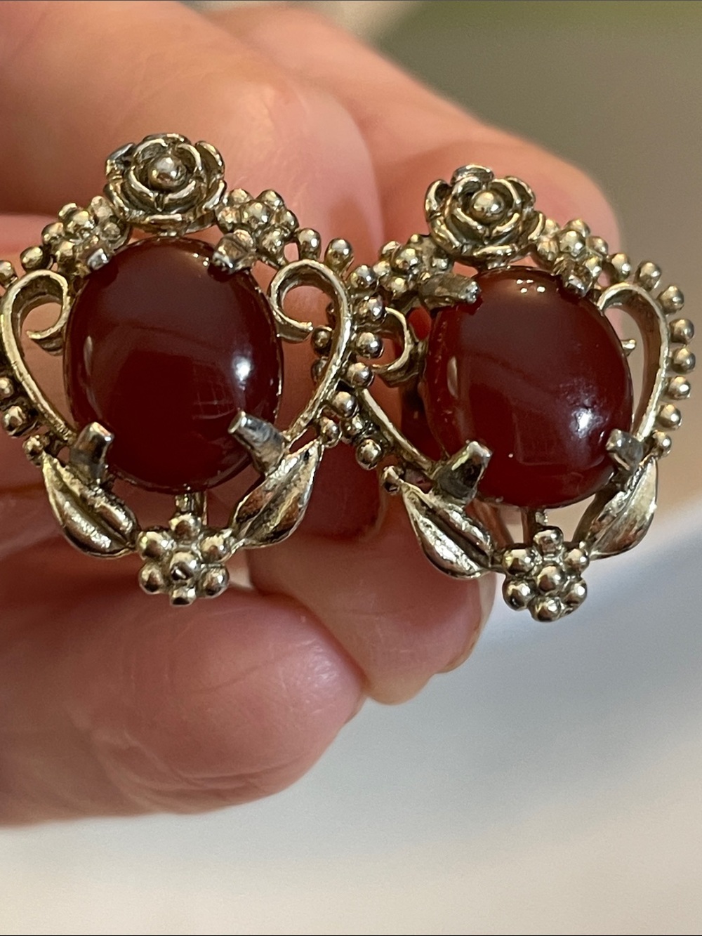 Vintage Silver Floral Screw Back Earrings with Deep Red Cabochons
